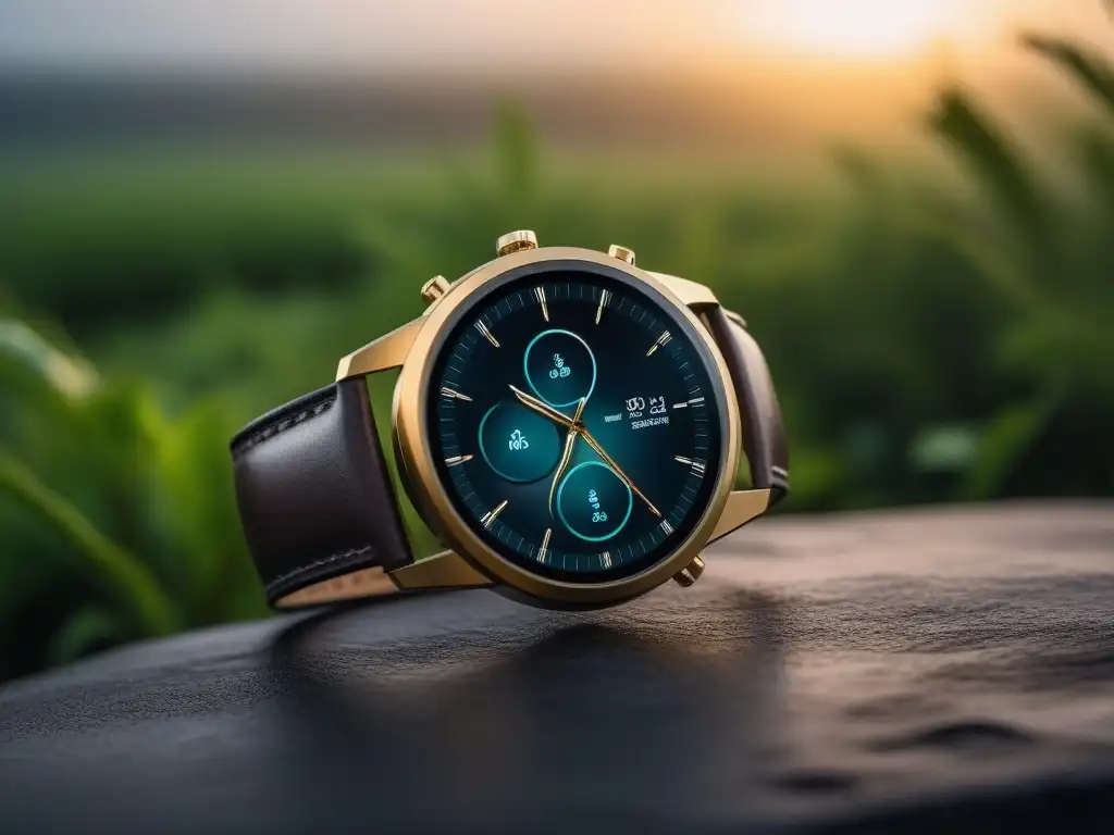 Smartwatch de lujo con diseño sofisticado y elegantes detalles dorados Reloj inteligente moderno con correa de cuero, diseño personalizable y detalles dorados