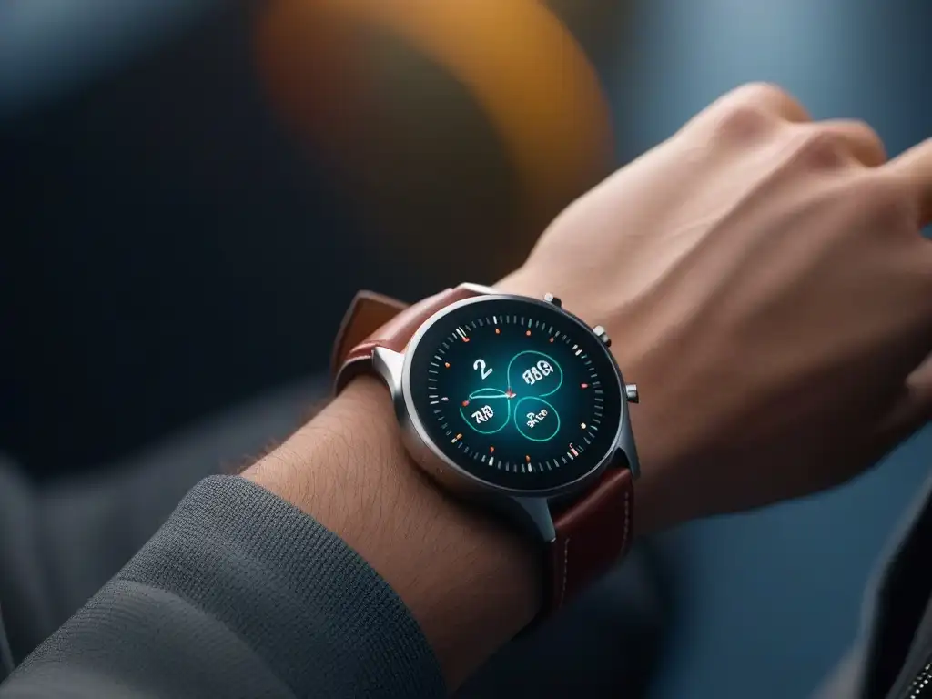 Smartwatch elegante y moderno con pantalla vibrante y diseño sofisticado Un reloj inteligente moderno y elegante con correa de cuero personalizable, pantalla táctil vibrante y detalles metálicos