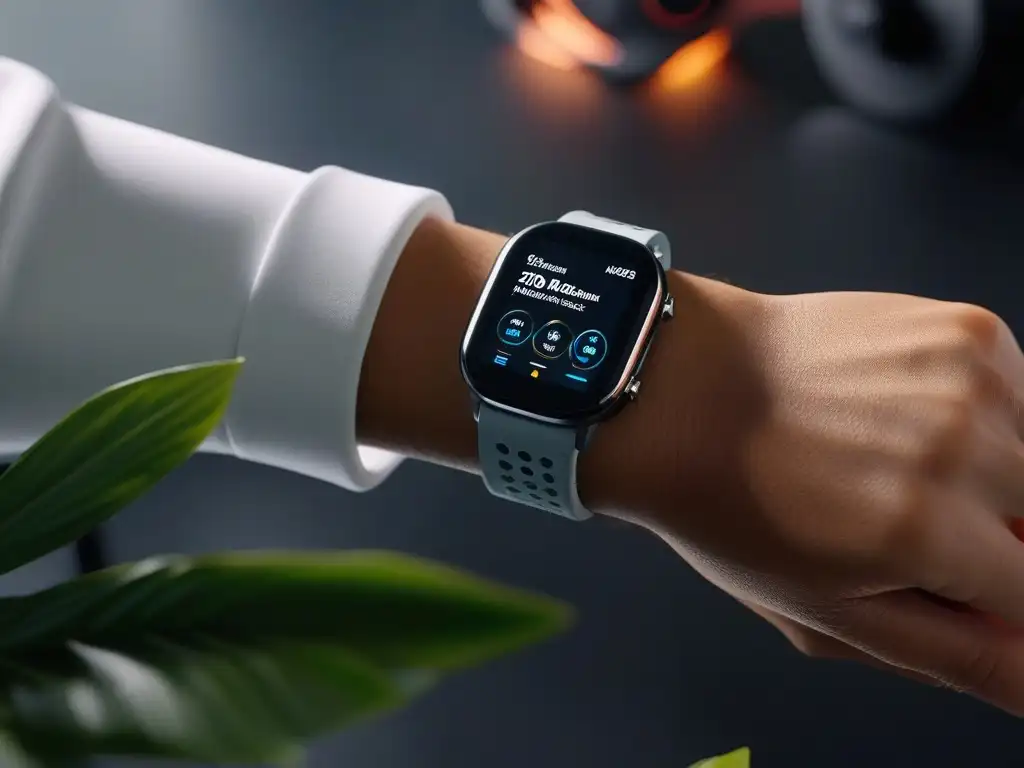 Smartwatch deportivo de alta tecnología en un gimnasio de lujo Un reloj inteligente moderno y elegante en un lujoso entorno de gimnasio, perfecto para Wearables premium para rendimiento deportivo