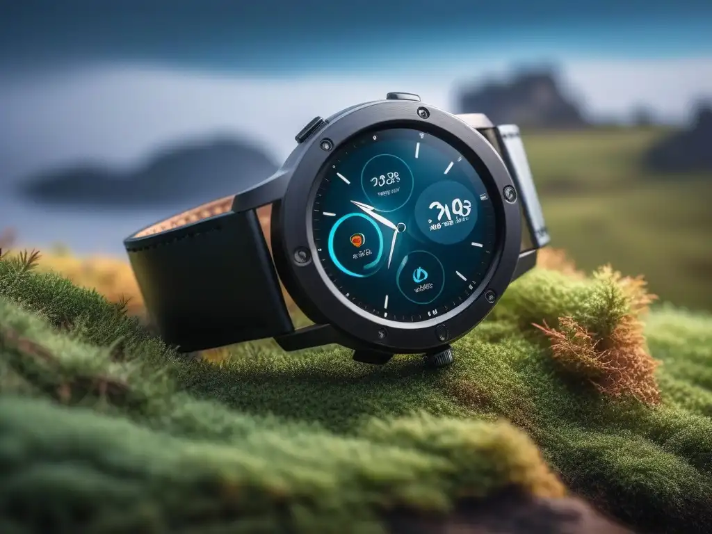 Smartwatch de diseño vanguardista con GPS y botón SOS Un reloj inteligente moderno y elegante con correa de cuero, diseño avanzado y funciones de seguridad como GPS y botón de emergencia, fusionando moda y tecnología para el individuo moderno preocupado por la seguridad en su vida diaria