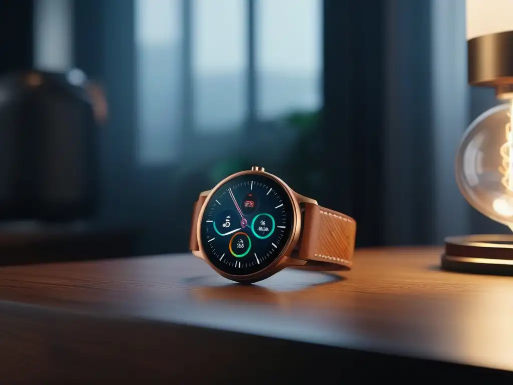 Smartwatch moderno en mesa de noche de madera Reloj inteligente moderno en mesa de noche de madera, destacando sus funciones avanzadas y diseño elegante