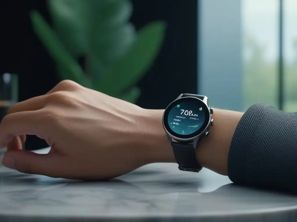 Smartwatch de lujo con monitoreo de salud avanzado en casa elegante Un reloj inteligente moderno con monitoreo de salud avanzado en un elegante hogar