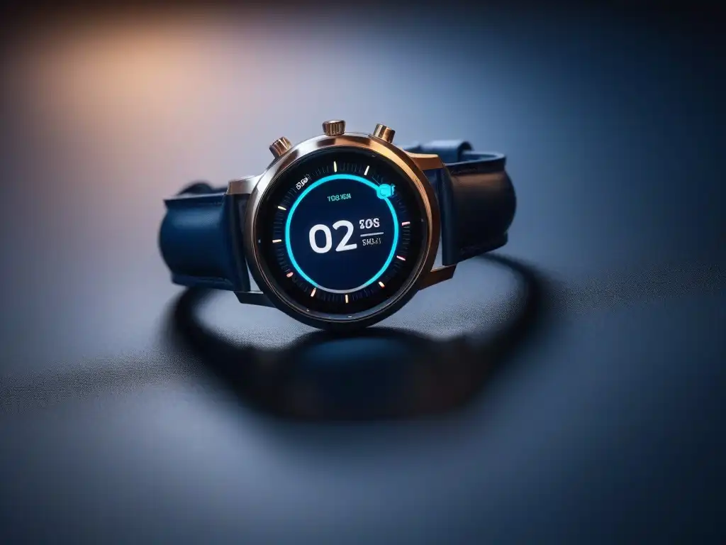 Smartwatch de lujo con monitor de salud en hogar inteligente Reloj inteligente moderno con pantalla personalizable, rodeado de correas de cuero azul marino en un elegante interior de casa inteligente