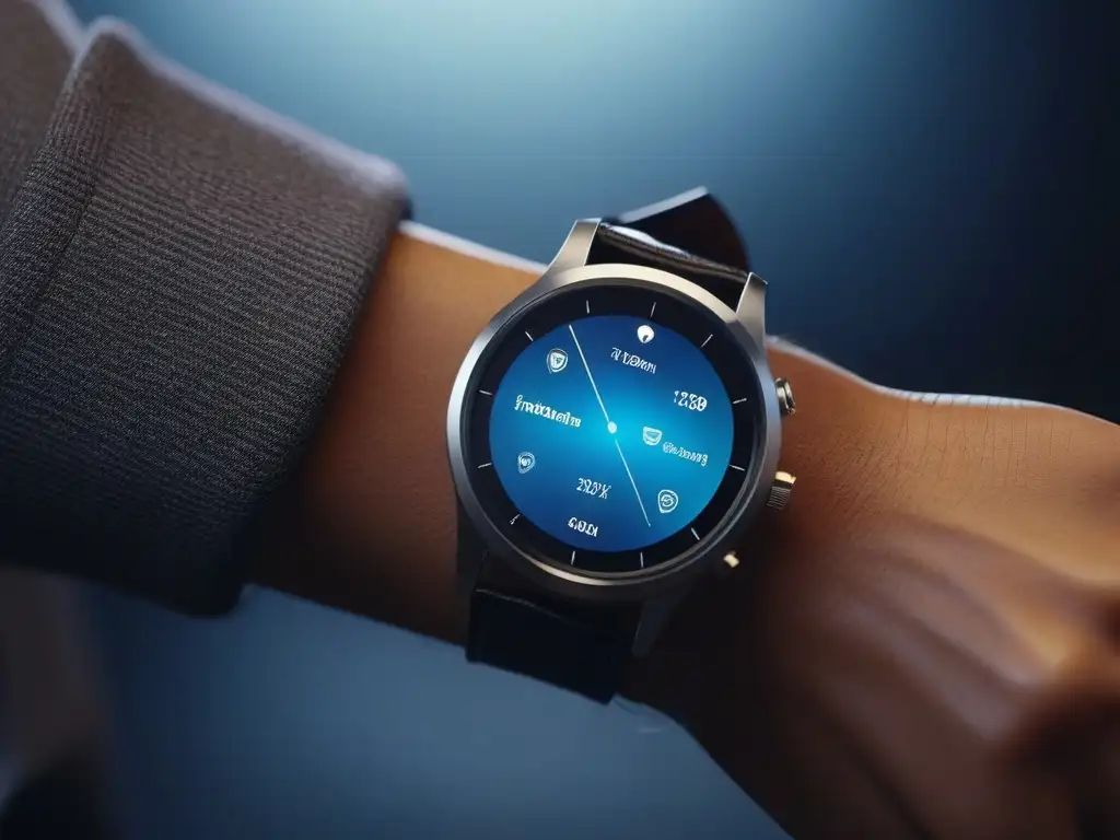 Smartwatch futurista con seguridad digital y elegancia sofisticada Un reloj inteligente premium conectado con tecnología de protección y moda sofisticada