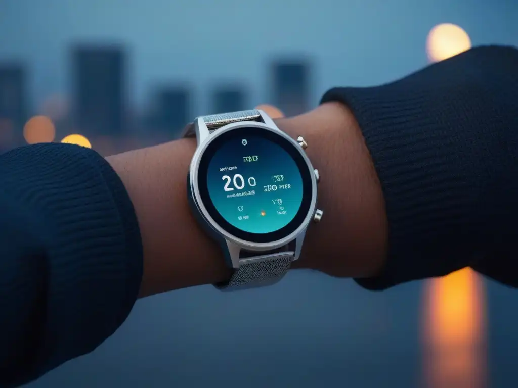 Smartwatch de acero inoxidable en ciudad futurista Un reloj inteligente premium conectado, reflejando luces de la ciudad al anochecer