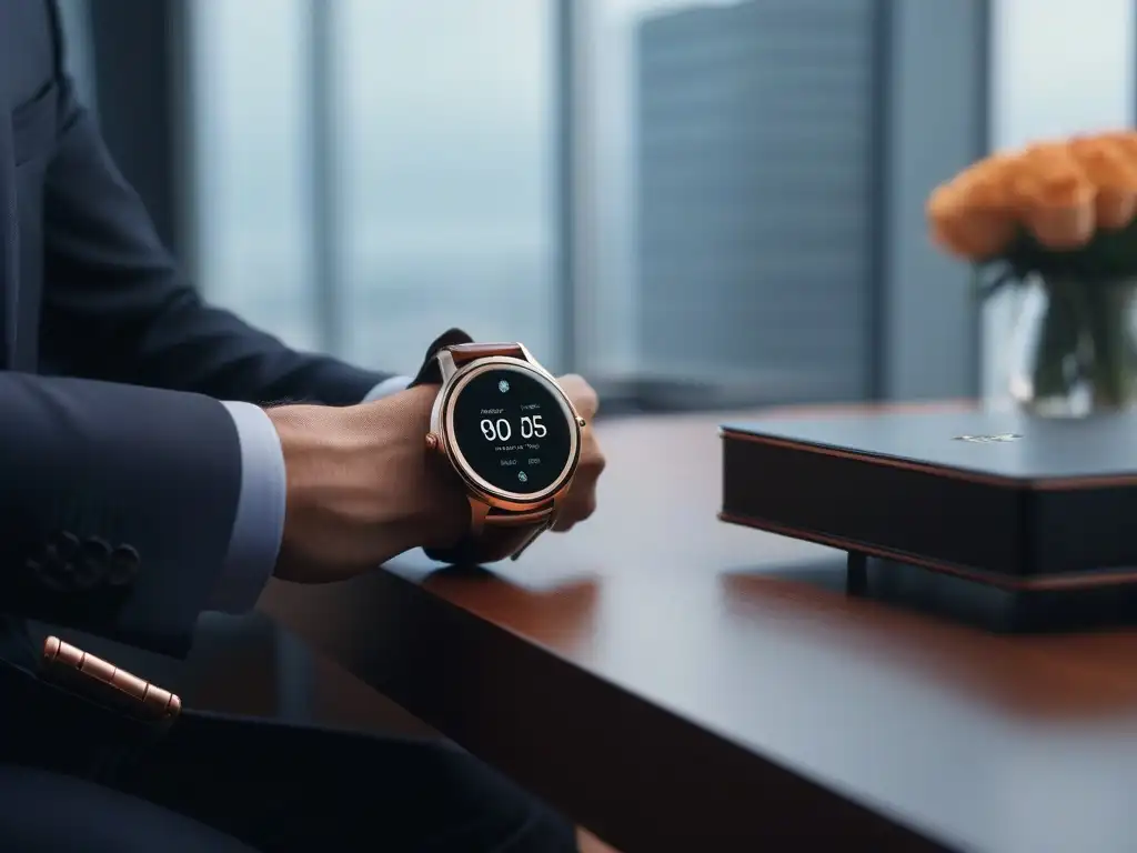 Smartwatch de lujo con diseño minimalista y acentos en oro rosa Un reloj inteligente premium con diseño minimalista y elegantes detalles en oro rosa, en un entorno sofisticado
