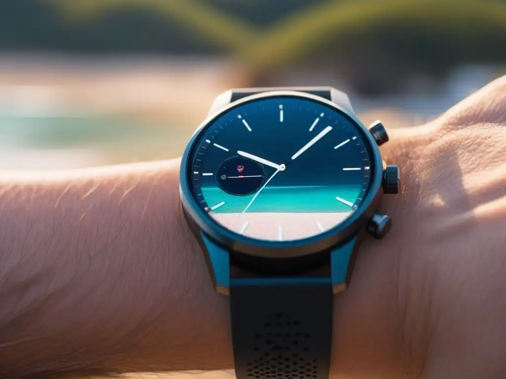 Reloj inteligente con diseño elegante y escena playera en pantalla Un reloj inteligente premium con diseño elegante mostrando una escena relajante en la playa