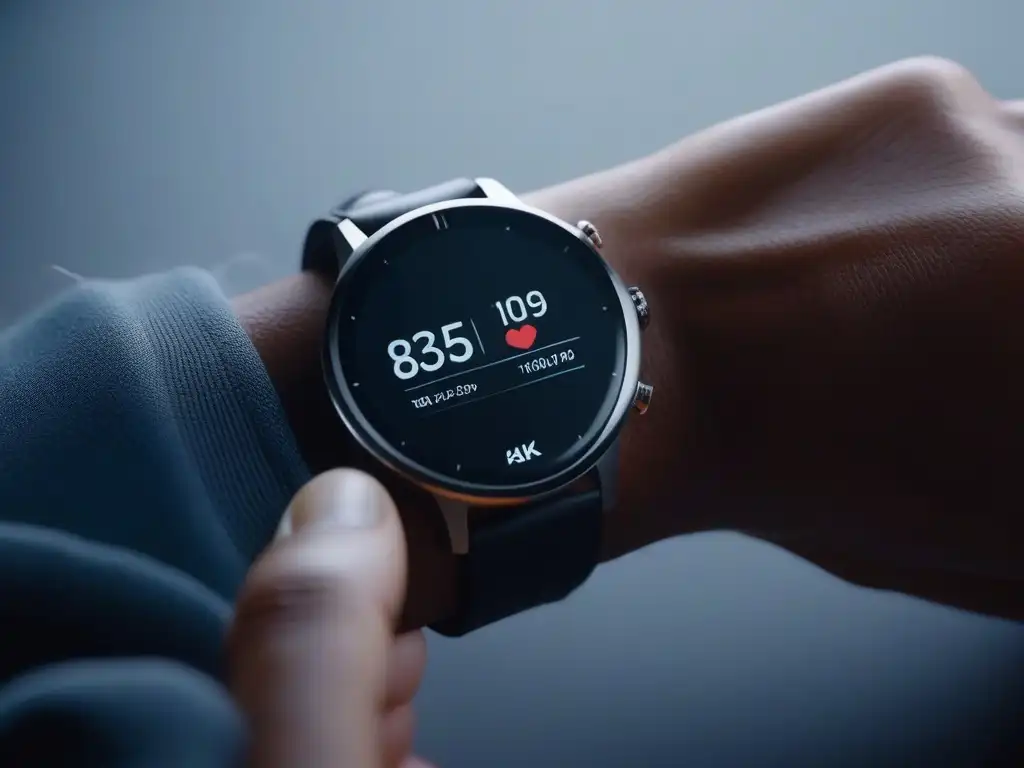 Smartwatch futurista con métricas de bienestar en fondo natural Un reloj inteligente premium de diseño futurista con métricas de bienestar emocional en pantalla, en armonía con la naturaleza digital