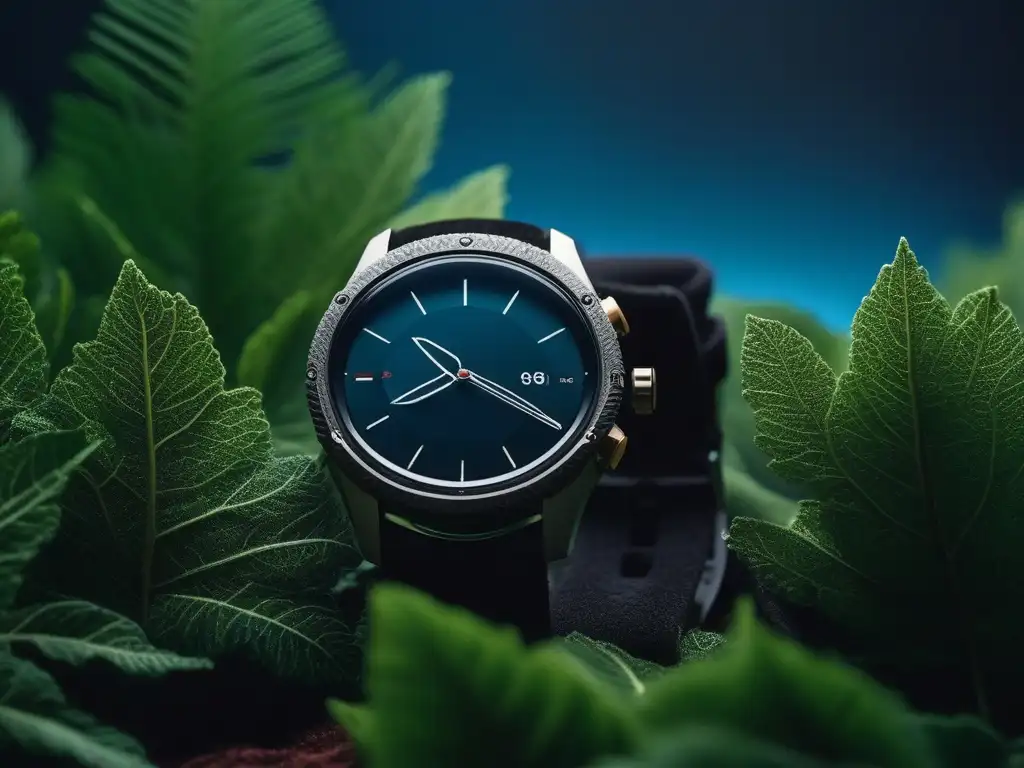 Smartwatch eco-friendly de alta tecnología en 8k Un reloj inteligente de diseño premium y ecofriendly en un entorno natural, simbolizando la moda ecológica