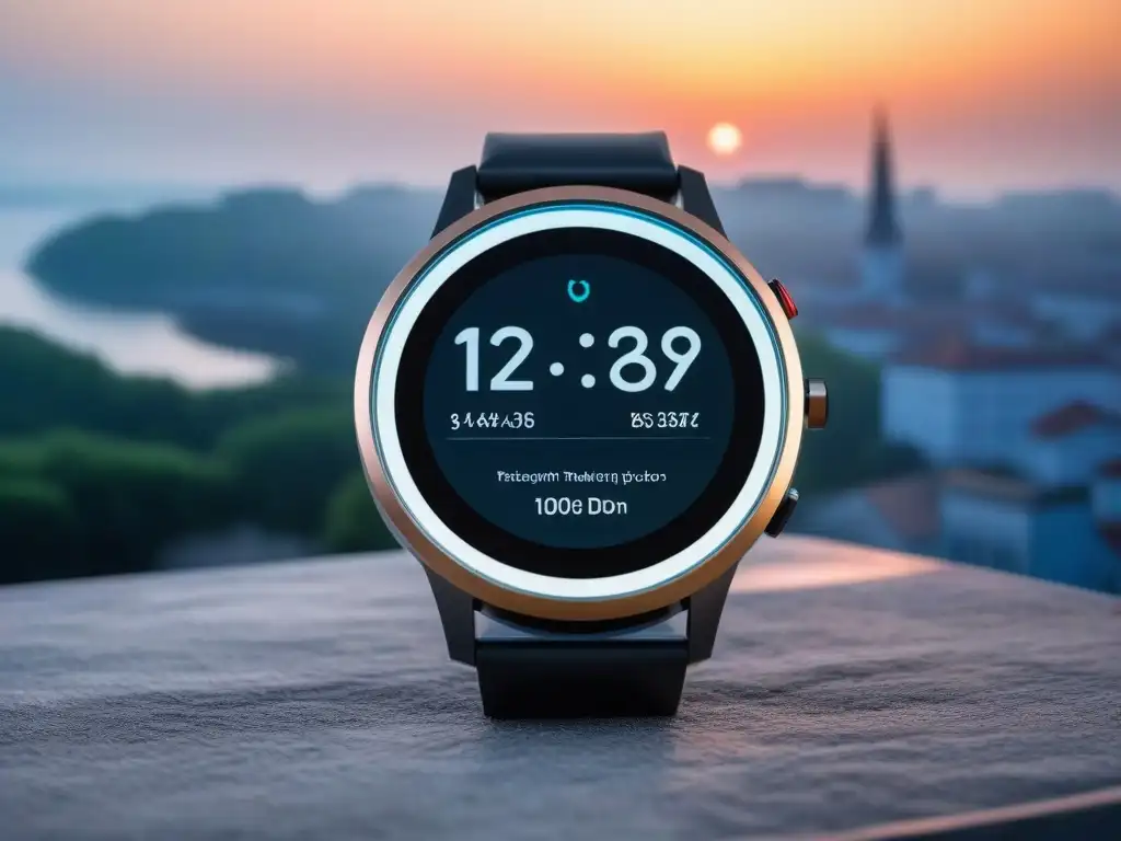 Smartwatch moderno y elegante con pantalla vibrante en ciudad nocturna Reloj inteligente premium en entorno urbano de lujo con pantalla vibrante y correa intercambiable