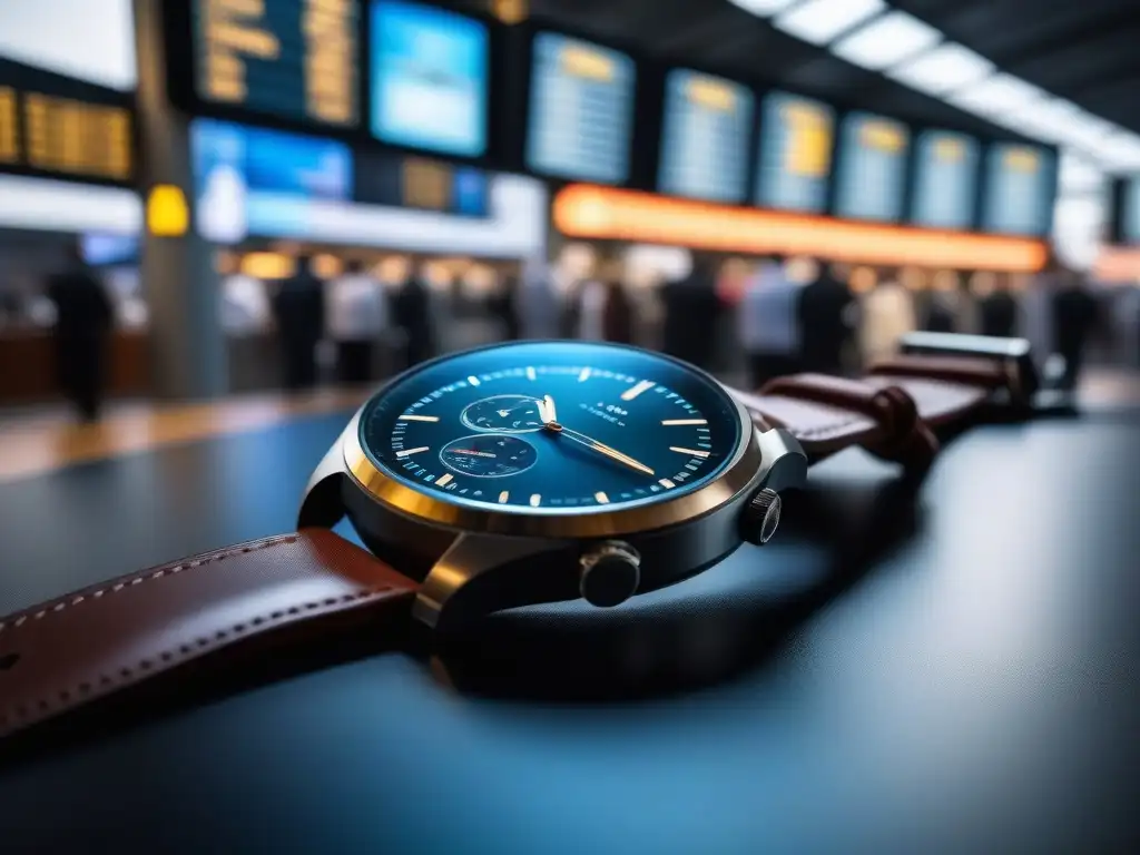 Reloj inteligente con estilo en aeropuerto Reloj inteligente premium con múltiples husos horarios en pantalla, en aeropuerto
