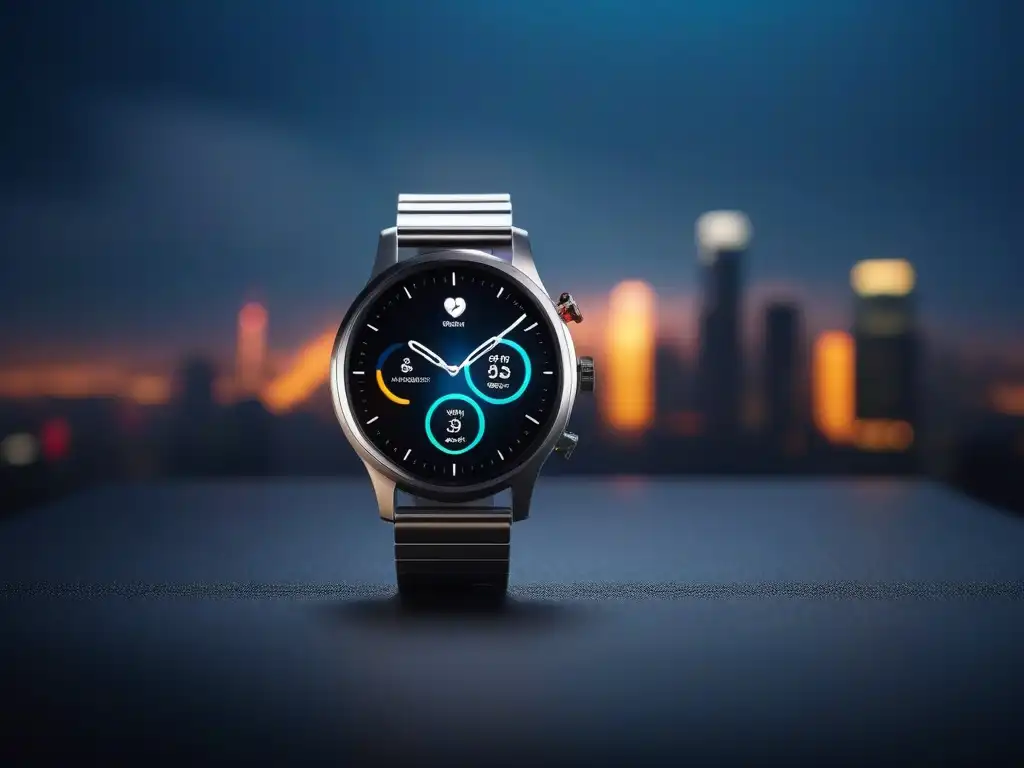 Elegante smartwatch con pantalla de alta resolución en ciudad nocturna Reloj inteligente premium con pantalla táctil vibrante y elegante diseño urbano