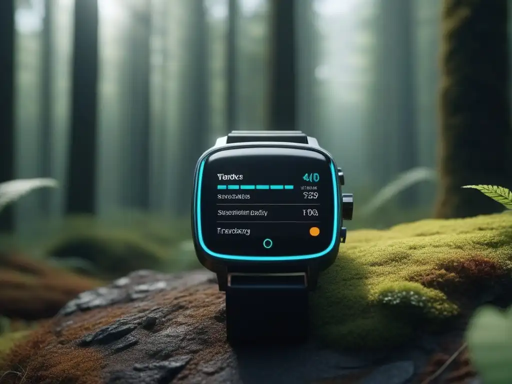 Smartwatch eco-friendly en bosque vibrante Un reloj inteligente sostenible en un bosque exuberante, fusionando tecnología con la naturaleza