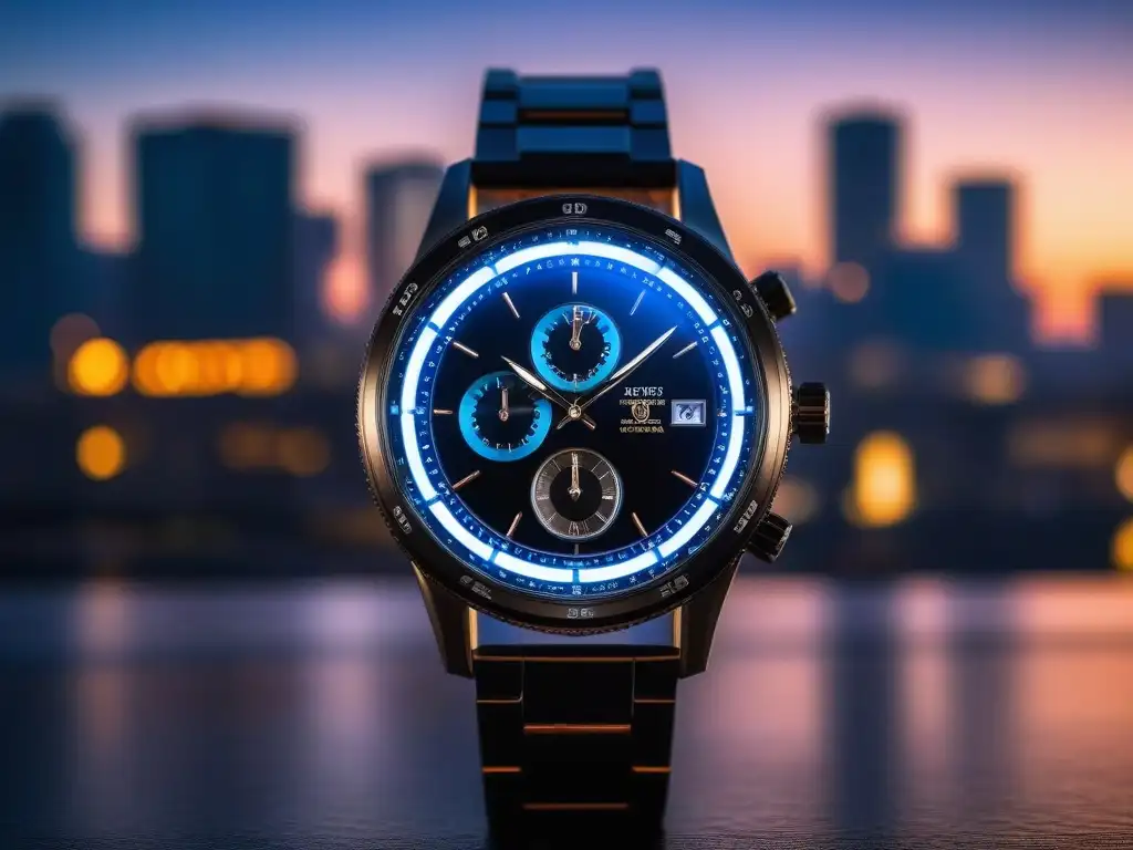 Reloj de lujo moderno en skyline nocturno Reloj de lujo sobre ciudad de noche, con detalles elegantes
