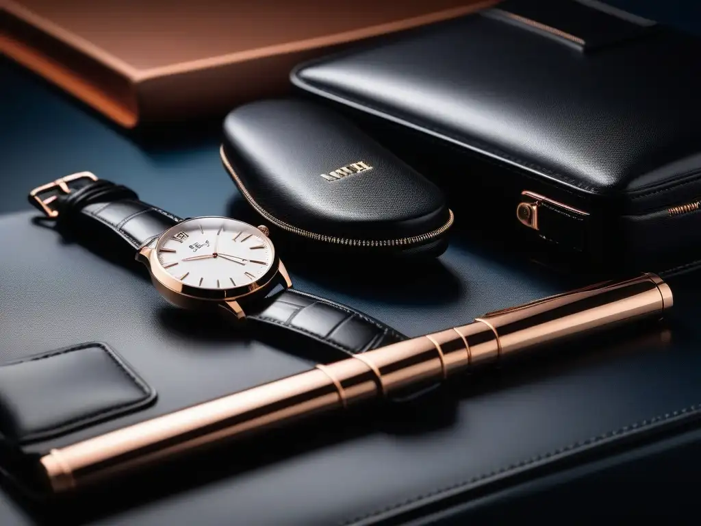 Reloj de lujo con estuche de cuero y accesorios elegantes Reloj de lujo con diseño elegante y minimalista, acompañado de accesorios de alta gama en una mesa de mármol