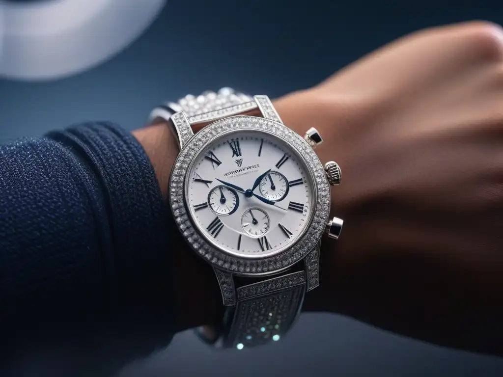 Reluciente reloj de lujo con diamantes en evento de moda Un reloj de lujo incrustado de diamantes en un evento de moda de alta gama