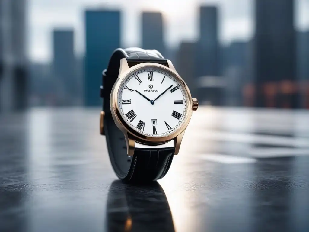 Reloj de lujo para el hombre moderno: elegancia urbana Reloj moderno en contraste con la ciudad al atardecer, Accesorios de alta gama para hombre