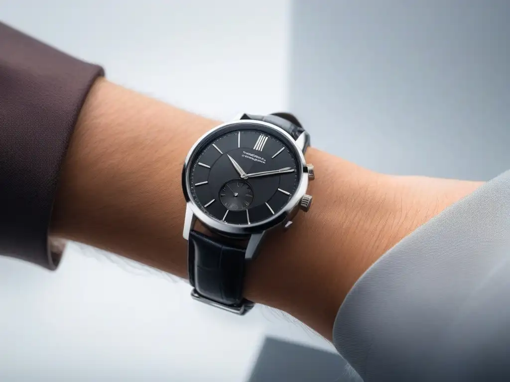 Reloj moderno con diseño minimalista en negro y plata Reloj moderno de diseño minimalista con correa de cuero negro y esfera plateada, resalta su estilo atemporal