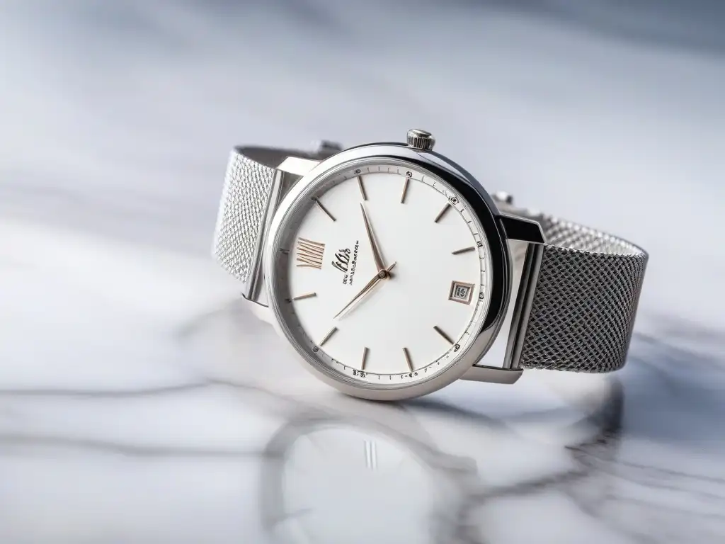 Reloj plateado elegante: diseño moderno en mármol Reloj plateado de diseño elegante sobre mármol, ideal para mujeres petite modernas