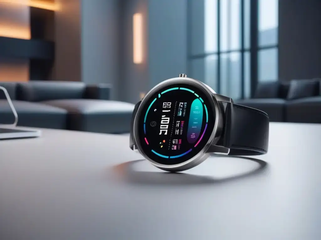 Smartwatch futurista en sala minimalista Reluciente smartwatch futurista en un elegante salón contemporáneo