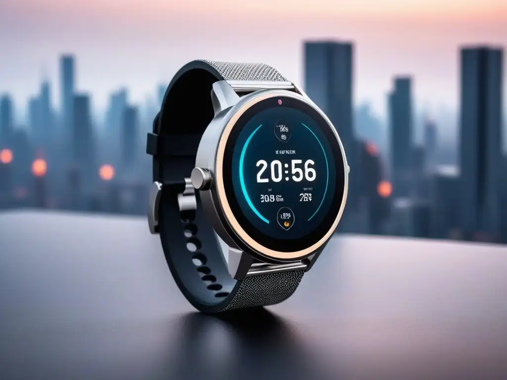 Smartwatch de lujo con pantalla táctil vibrante y diseño elegante en gimnasio futurista Reluciente smartwatch premium con diseño elegante y pantalla vibrante, en un gimnasio futurista con vista a la ciudad al atardecer