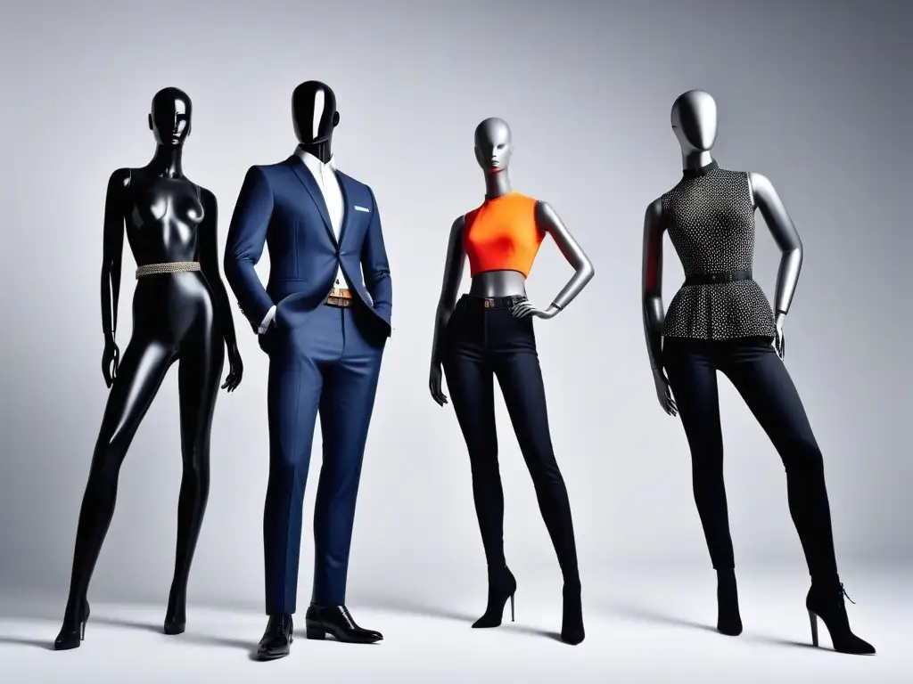 Maniquíes de moda: diversidad de tallas y estilos en escenario moderno Una representación detallada y diversa de maniquíes exhibiendo ropa en diferentes tallas y estilos, en un entorno moderno y minimalista