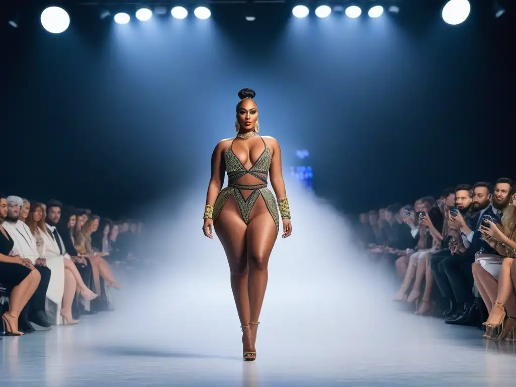 Desfile inclusivo: Celebrando la diversidad de cuerpos y belleza en la moda Una representación realista de diferentes cuerpos desfilando con estilo y confianza en una pasarela moderna, desafiando estándares de belleza