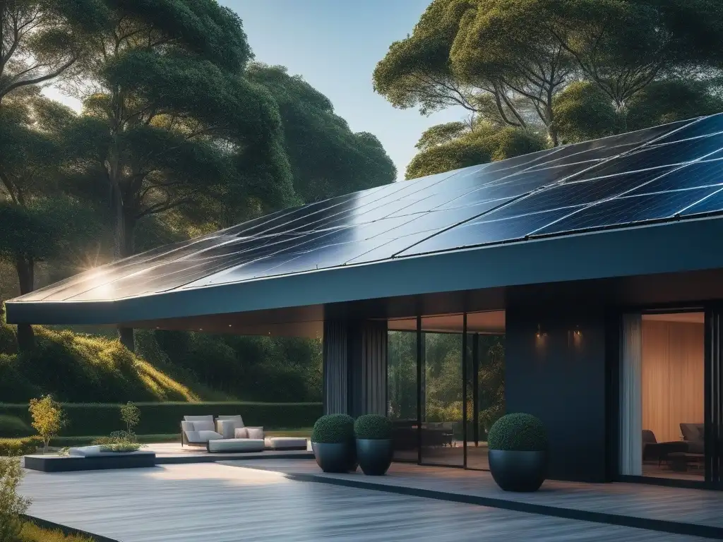 Residencia de lujo con paneles solares negros integrados en el techo Residencia moderna de lujo con paneles solares negros integrados en el techo, diseño sostenible y elegante bajo el cielo azul