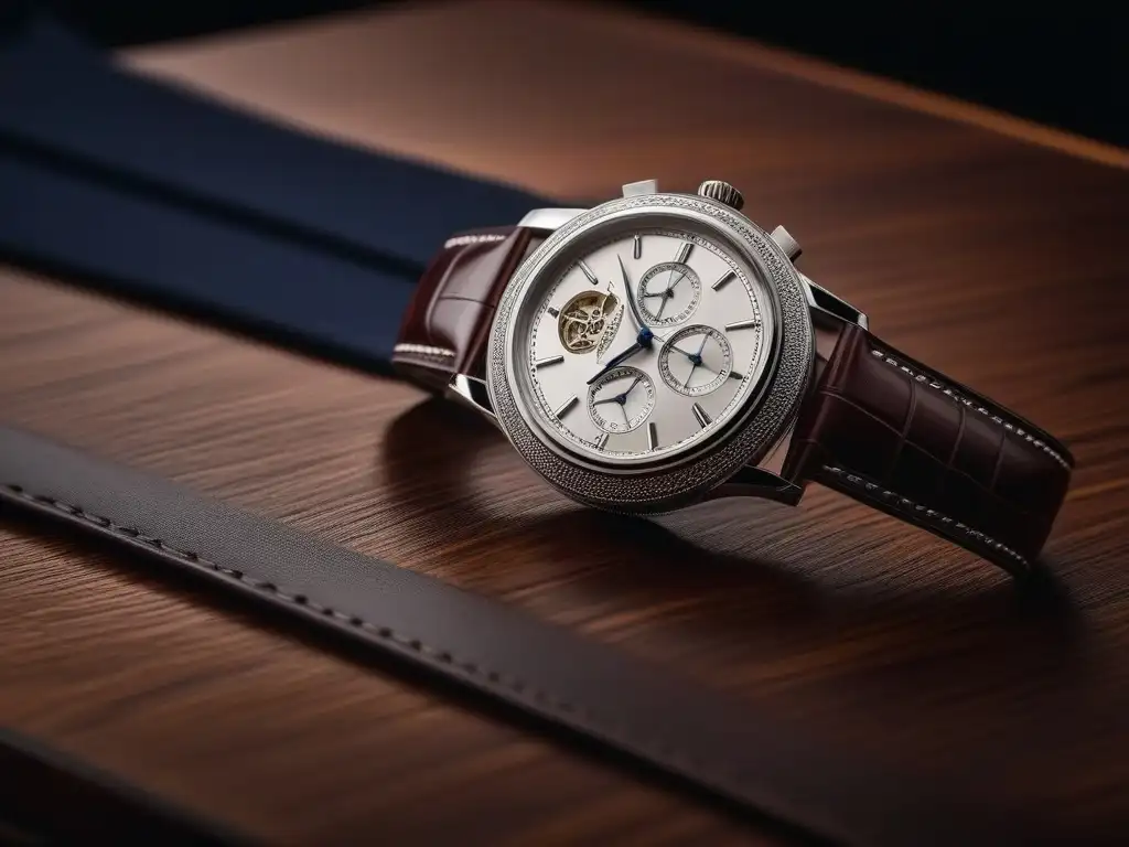 Reloj de lujo plateado: sofisticación y elegancia en detalle Una fotografía de alta resolución que muestra un primer plano de un elegante reloj de lujo plateado con detalles intrincados en la esfera