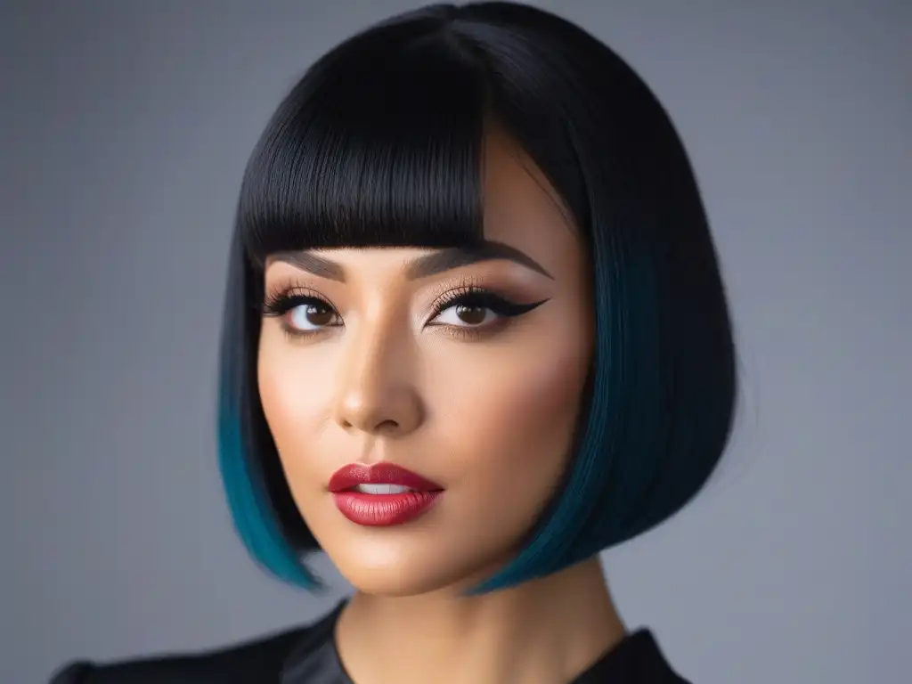 Bob moderno con luces: estilismo y maquillaje impecable Retrato de un corte bob moderno y elegante con iluminación sutil, en un salón de belleza chic