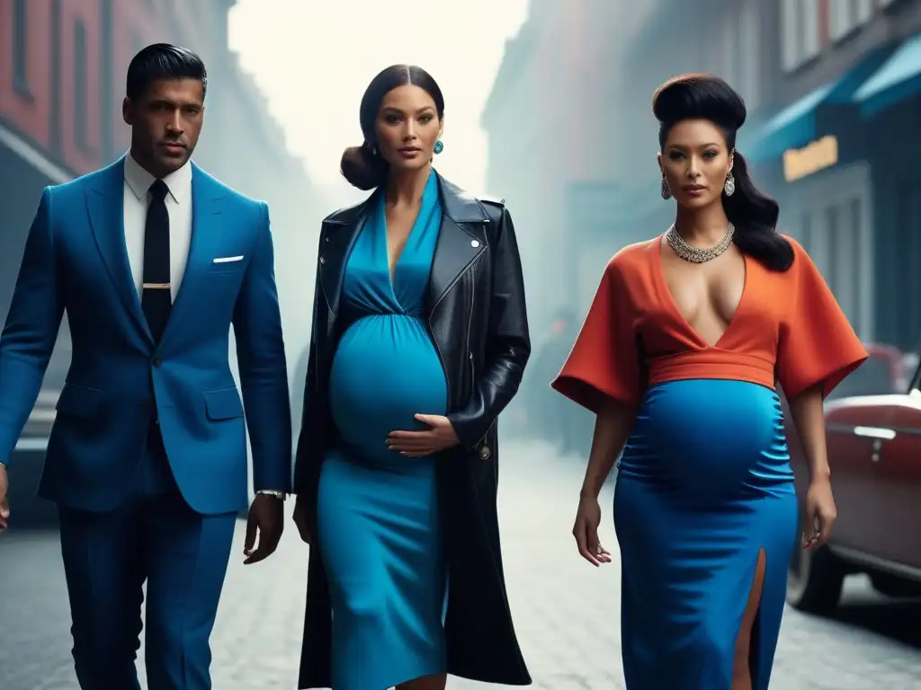 Moda de embarazo: evolución y diversidad en un vistazo Retrato detallado de embarazadas de distintas etnias, luciendo moda maternal de distintas décadas en ambiente urbano