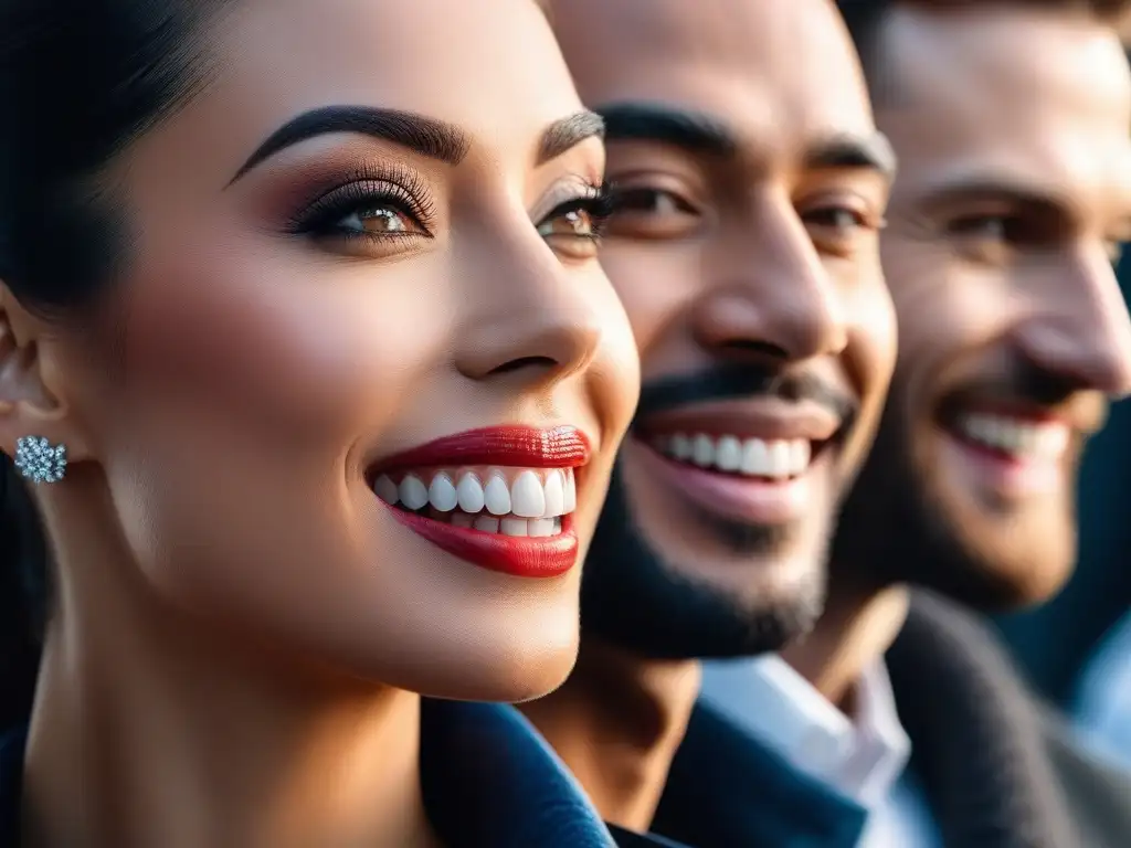 Sonrisas personalizadas: Belleza y diversidad en tratamientos dentales Un retrato detallado de un grupo diverso de personas sonriendo con confianza, con sonrisas personalizadas y alineadas perfectamente