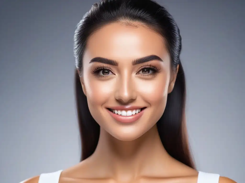 Transformación facial: de piel acneica a radiante Retrato detallado de una joven sonriente con piel radiante y sin imperfecciones, reflejando el éxito de tratamientos para piel clara acne