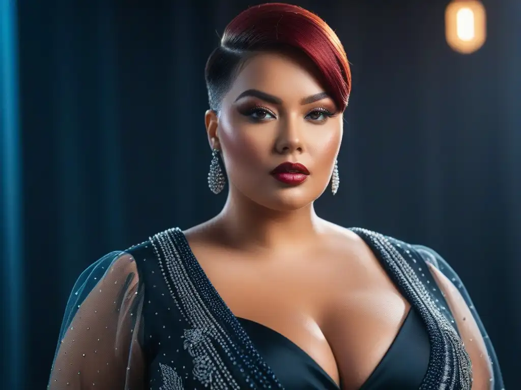 Modelo de tallas grandes empoderada con estilo 2023 Un retrato detallado de una modelo plus size segura con maquillaje impecable y peinado de moda, luciendo las tendencias moda plus size 2023