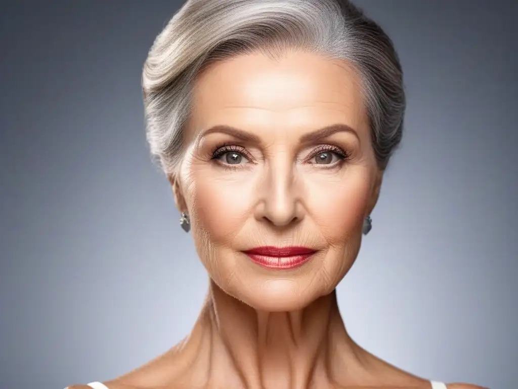 Piel radiante: resultados avanzados en dermatología Retrato detallado de una mujer madura con piel radiante, efecto de tratamientos avanzados para piel madura