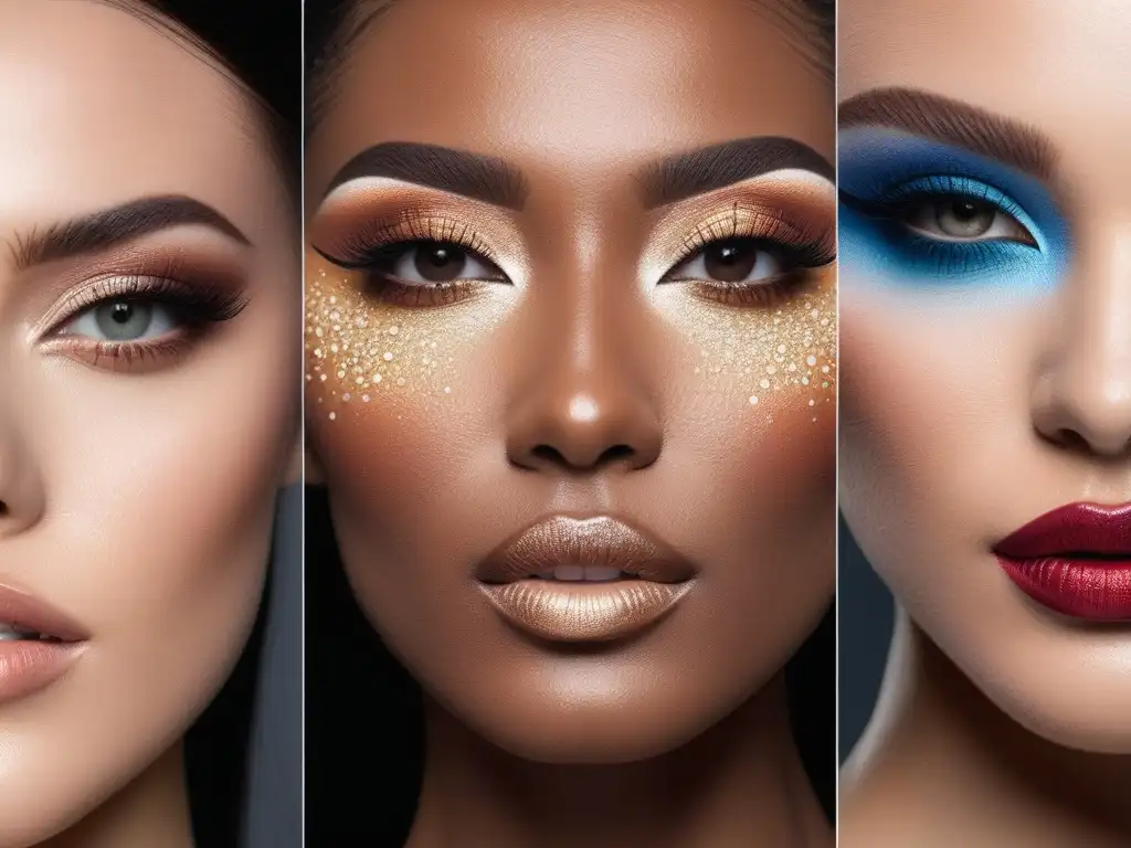 Maquillaje de ojos: Diversidad y belleza en cada mirada Un retrato detallado de mujeres diversas con maquillaje de sombras de ojos para pieles diversas
