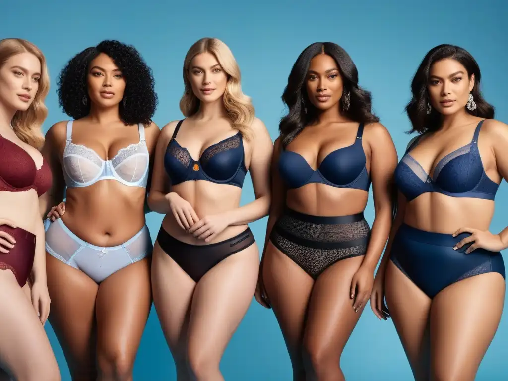 Conjunto de ropa interior tallas grandes: empoderamiento y diversidad Un retrato detallado de mujeres diversas de distintas formas y tamaños en ropa interior tallas tall cómoda, irradiando confianza y belleza