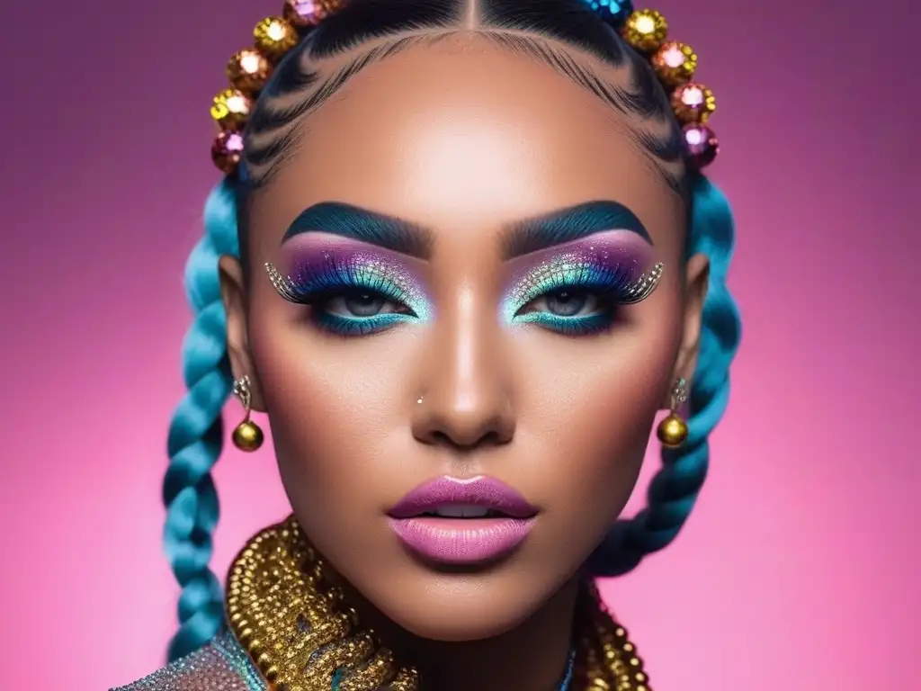 Maquillaje y peinado festivalero para celebrar la individualidad Un retrato detallado de una persona no binaria con maquillaje festival llamativo y un peinado moderno