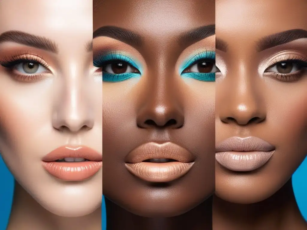 Maquillaje impecable: diversidad de tonos de piel y bases de larga duración Un retrato detallado de diversas personas con maquillaje impecable en una amplia gama de tonos de piel, destacando la belleza y diversidad