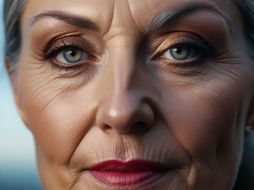 Piel madura radiante: belleza natural y cuidado efectivo Retrato detallado de la piel radiante y saludable de una mujer madura, mostrando la belleza natural y la resiliencia de envejecer con gracia