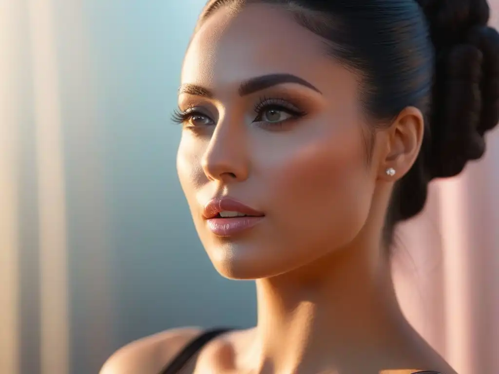 Radiante embarazada: belleza natural y luminosa Retrato detallado de una radiante mujer embarazada con piel brillante y maquillaje sutil resaltando su belleza natural