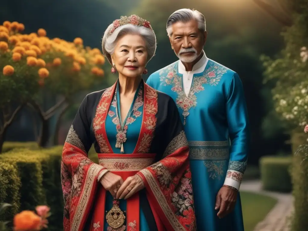 Tradición en familia: Tres generaciones vistiendo elegancia cultural Retrato de tres generaciones en moda tradicional para todas edades, en un jardín pintoresco
