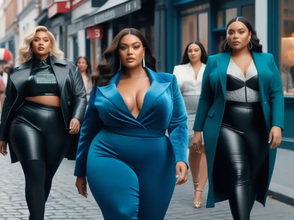 Moda plussize: empoderamiento y diversidad en la ciudad Un retrato urbano de modelos plus size seguras, con moda trendy, mostrando la diversidad y empoderamiento en el mercado moda tallas plus size