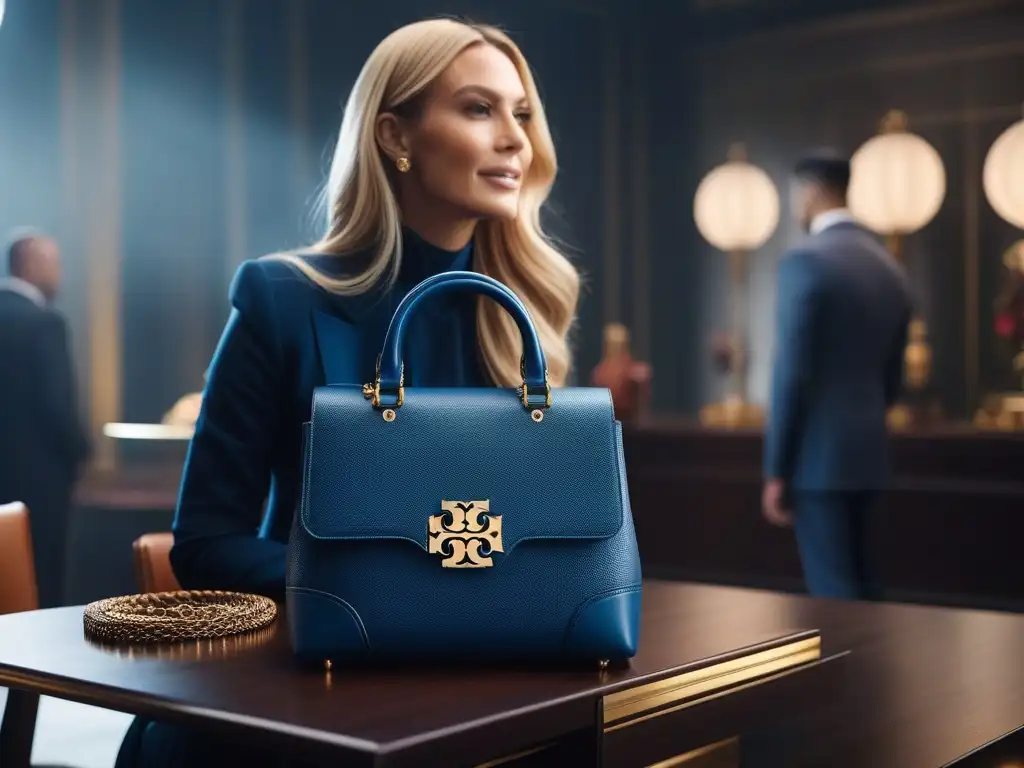 Conversación inclusiva en boutique de lujo con bolso Tory Burch Una reunión en una boutique moderna, donde un grupo diverso sonríe mientras discuten alrededor de un elegante bolso de Tory Burch