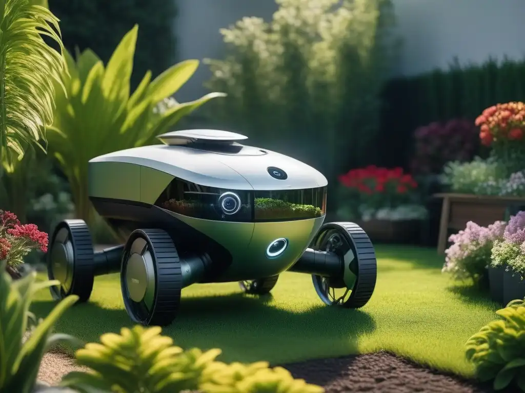 Robot de jardinería futurista cuidando plantas en jardín high-tech Un robot de jardinería de alta tecnología cuida plantas en un jardín futurista