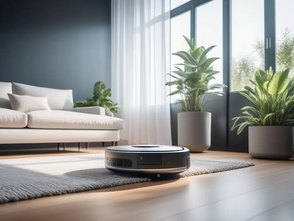 Robot aspirador futurista en sala elegante Un robot de limpieza futurista en un elegante salón, con muebles minimalistas y plantas vibrantes