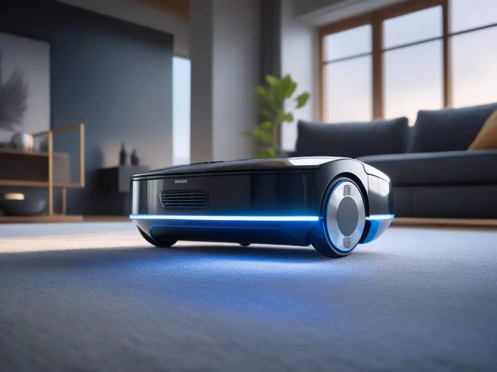 Robot aspirador de alta gama limpiando un salón moderno Un robot de limpieza para hogar de alta gama, deslumbrante y futurista, iluminando un salón elegante y moderno