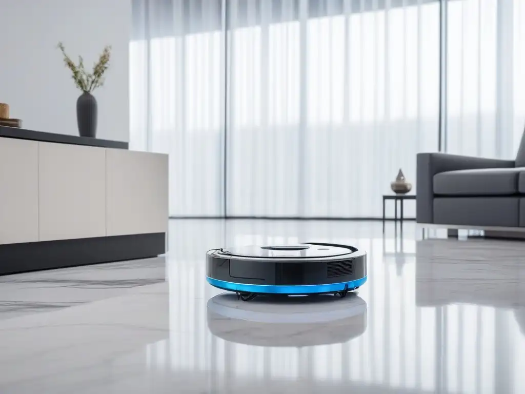 Robot aspirador futurista en piso de mármol Robot de limpieza para hogar deslizándose con elegancia sobre un suelo de mármol impecable, iluminado con suavidad, en un ambiente lujoso y sofisticado