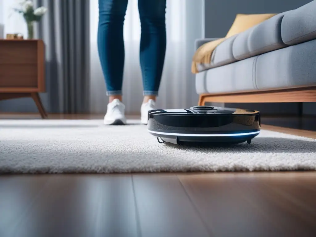 Robot aspirador moderno en sala impecable: satisfacción del usuario Robot de limpieza para hogar moderno con LED feliz, en sala impecable y luminosa