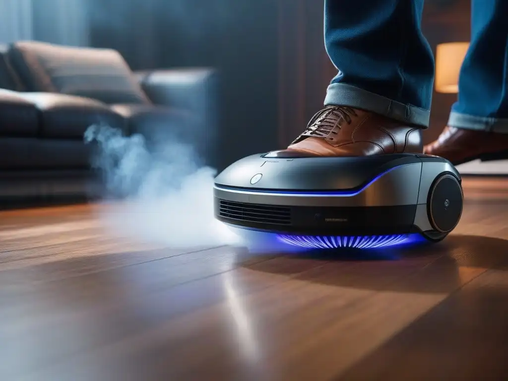 Asombrosa aspiradora robótica en un hogar moderno Un robot de limpieza para hogar deslizándose elegantemente por una sala minimalista, reflejando tecnología de vanguardia